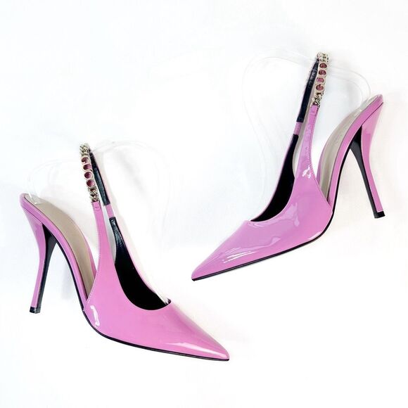 GUCCI Pink Signoria Pointed Toe Slingback Pump Size 38.5 Patent Leather Logo - Picture 1 of 16